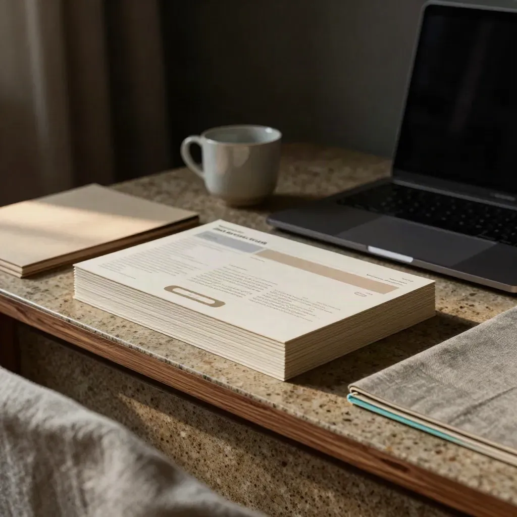Lage studiofoto van webteksten op kaarten naast een gesloten laptop en kopje in warm licht.