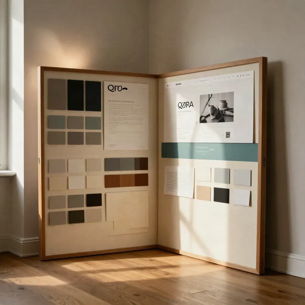 Studiocorner met modulair merkensysteem, teal accenten en zachte namiddagzon.
