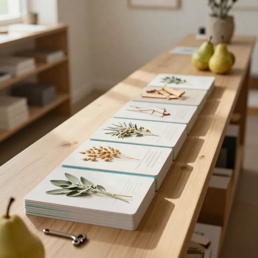 Stapel contentkaarten met seizoensmaterialen op een houten ledge in warm ochtendlicht.