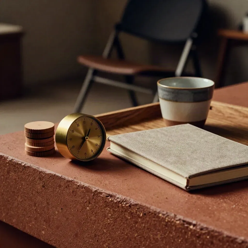 Macro van een consultingset met timer, tokens, notitieboek en kopje op terracotta.