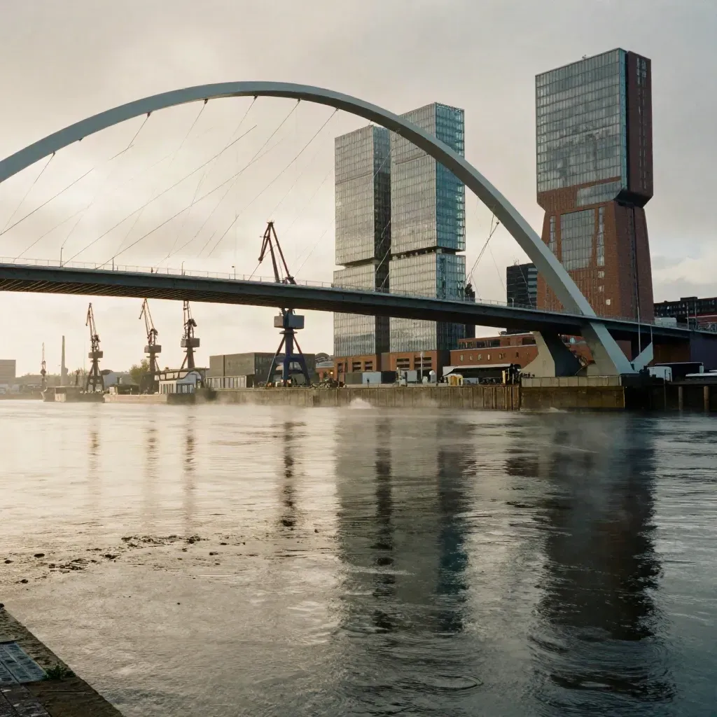 Rotterdam met Erasmusbrug en havenkranen boven glanzend water na regen