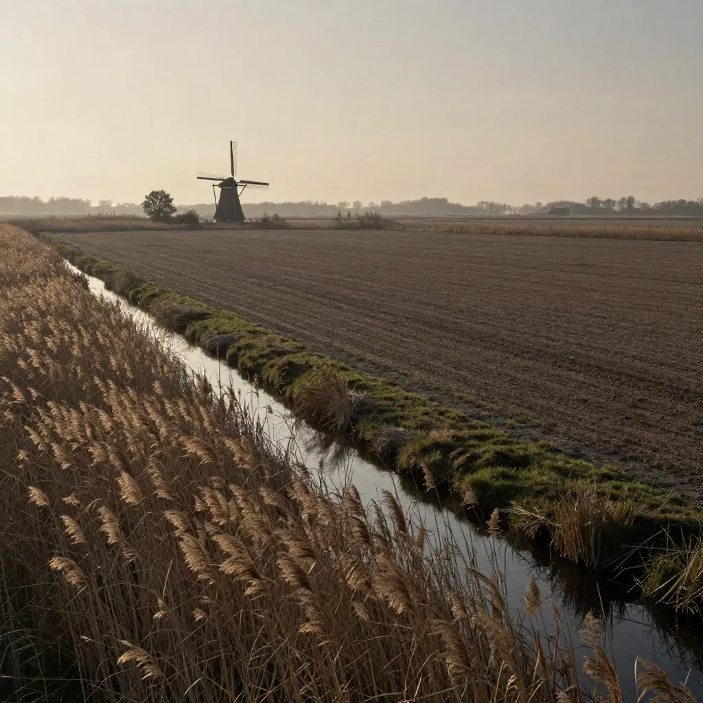 Misty polderland met sloten, velden en kleine windmolens in warme avondgloed.