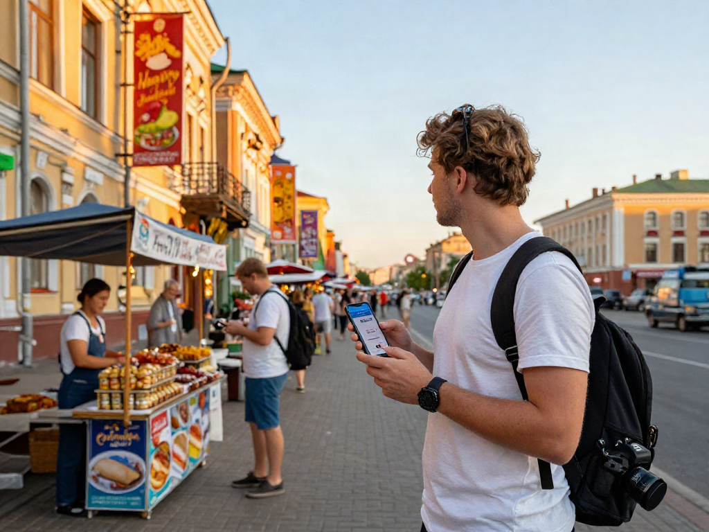 Toerist met smartphone en PayInRussia-app in levendige straat van Rusland.